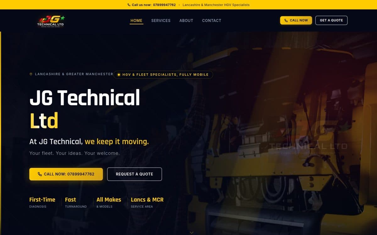 The JG Technical website: a dark navy hero with yellow accents for a mobile HGV repair specialist